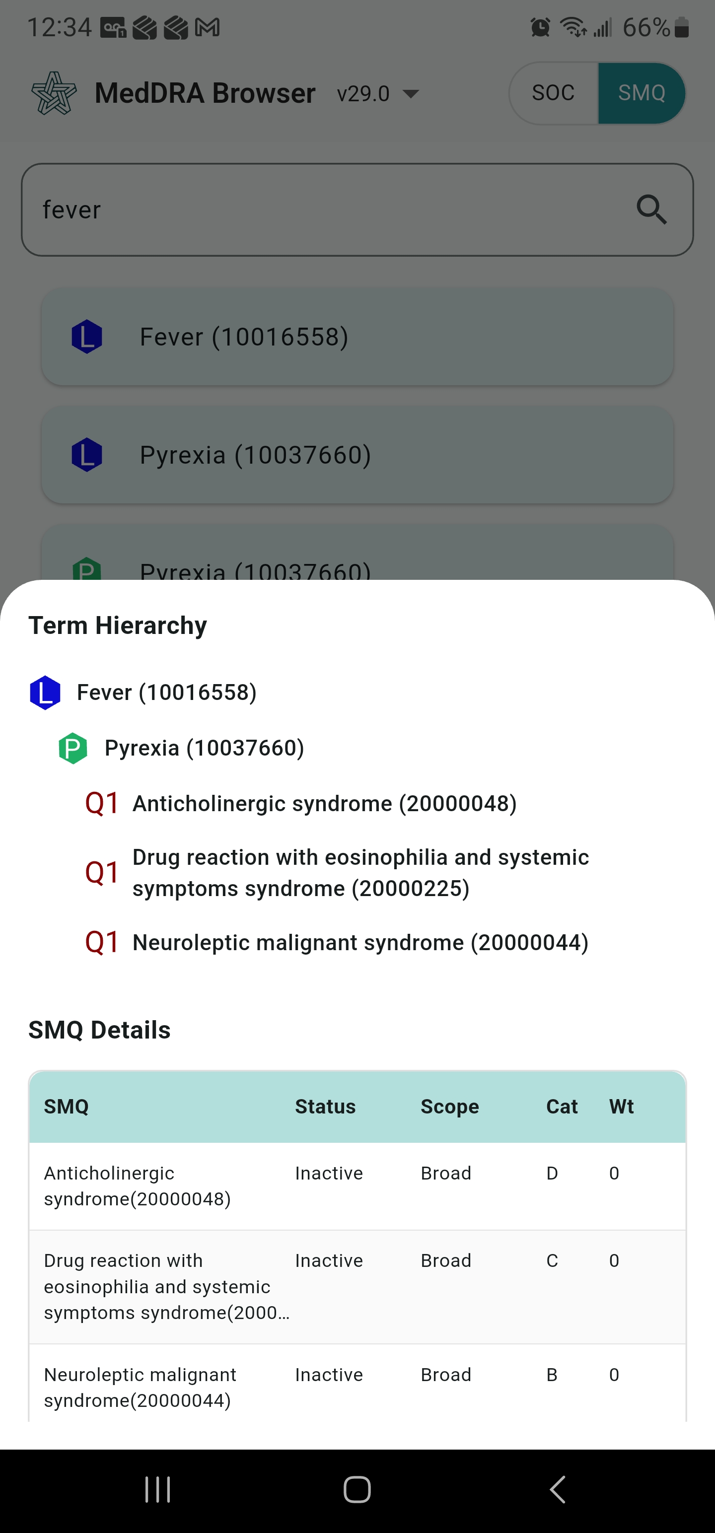 SMQ browser screen in the Clinpex mobile app